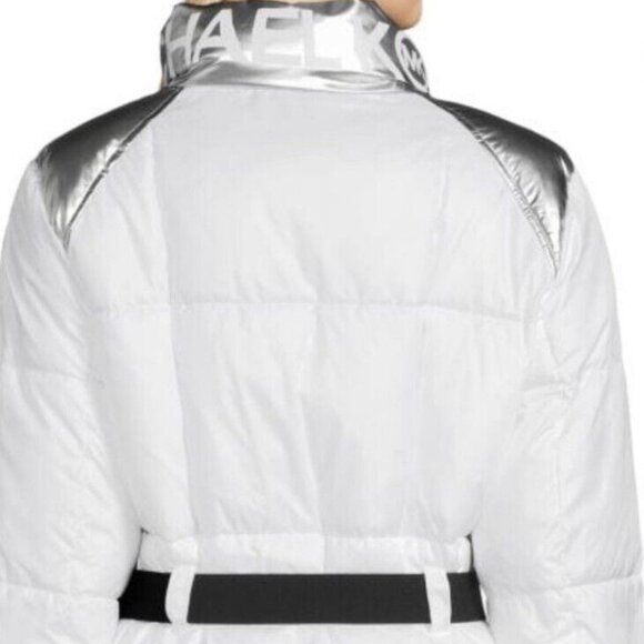 NWT MICHAEL KORS Belted Logo White/Silver Puffer Parka Coat, Sz L - Picture 4 of 9